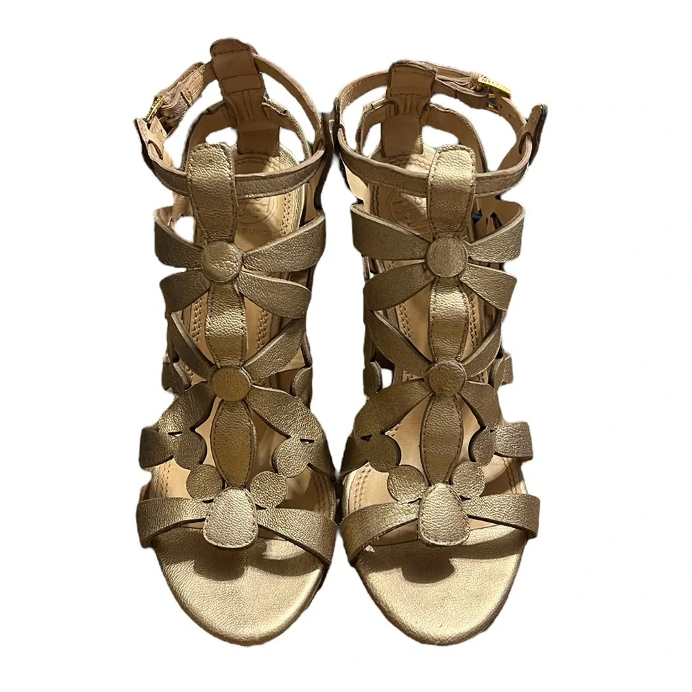 Tory Burch Gold Floral Wedge Sandals
